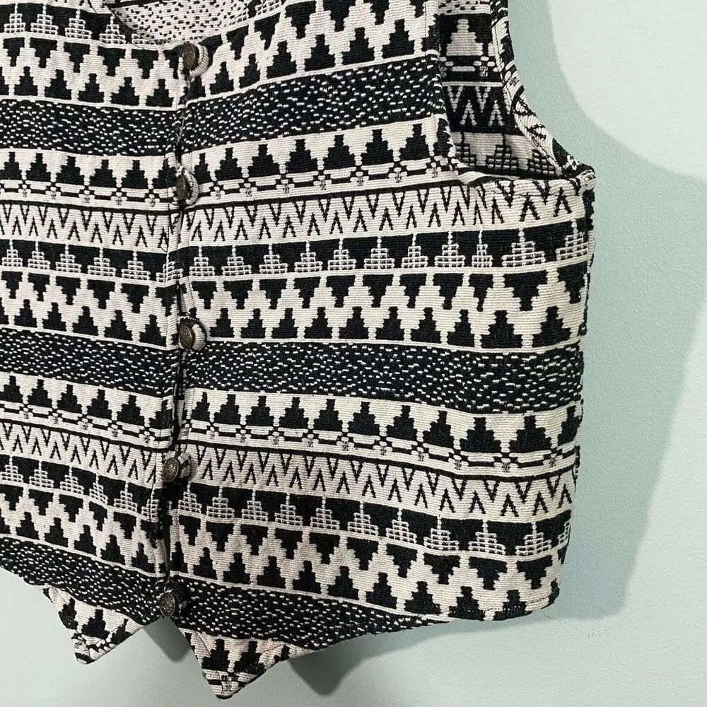Austin Harris Black & White Aztec Tapestry Knit Western Button Up Vest Size M